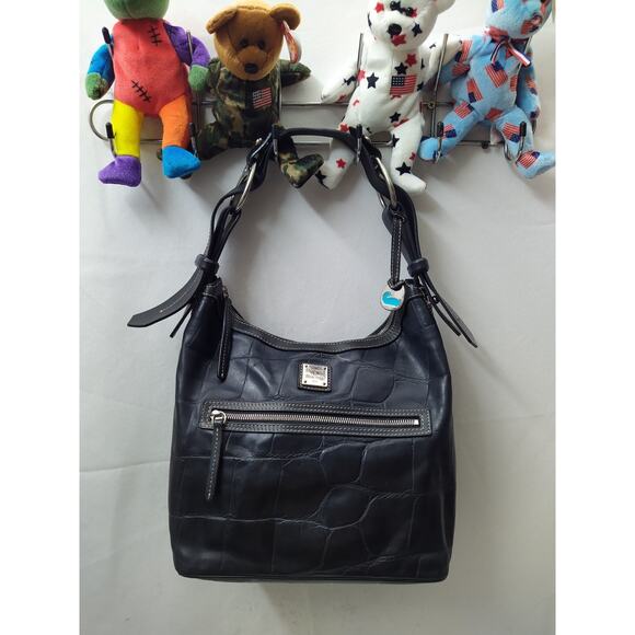 Dooney & Bourke Black Leather Crocodile Embossed Zipper Closure Shoulder Bag - Picture 1 of 16